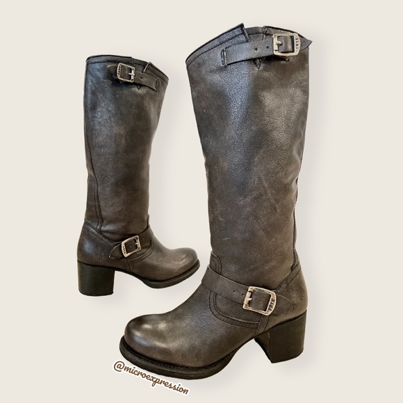 Frye Vera Slouch Grey Black Leather Block Heel Moto Knee High Tall Buckle Boot - Picture 13 of 13
